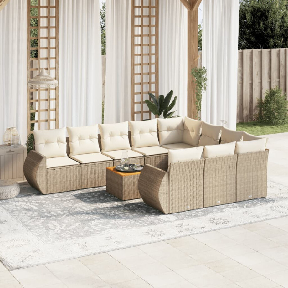 vidaXL 11-delige Tuinset met kussens poly rattan beige afbeelding 1