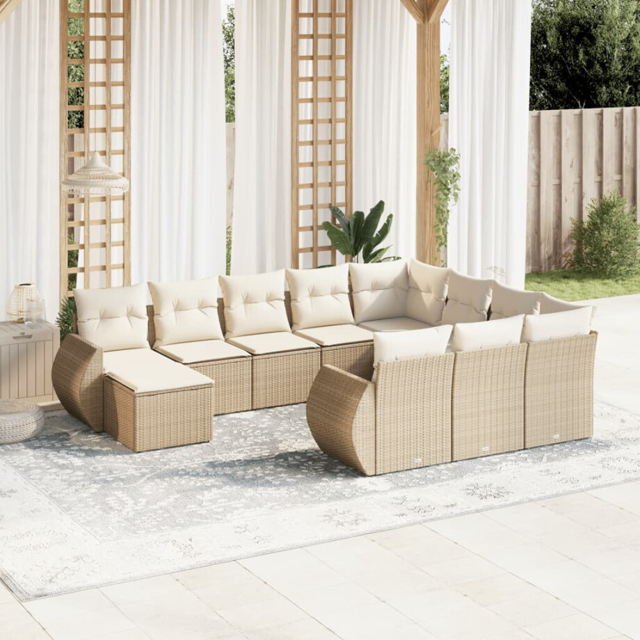 vidaXL 11-delige Tuinset met kussens poly rattan beige afbeelding 1