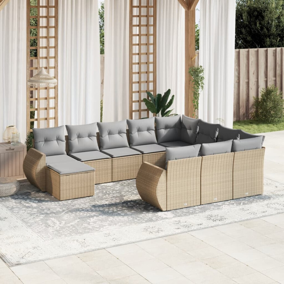 vidaXL 11-delige Tuinset met kussens poly rattan beige afbeelding 1