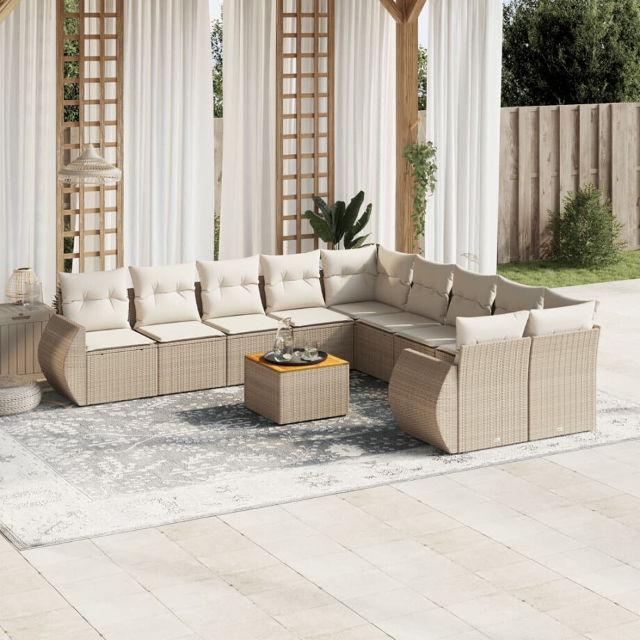 vidaXL 11-delige Tuinset met kussens poly rattan beige afbeelding 1