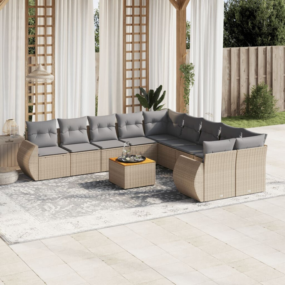vidaXL 11-delige Tuinset met kussens poly rattan beige afbeelding 1