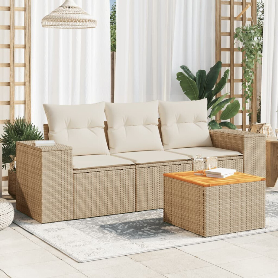 vidaXL 4-delige Loungeset met kussens poly rattan beige afbeelding 1