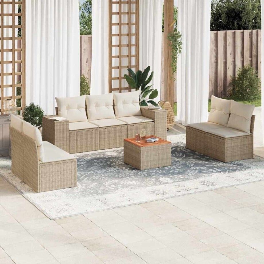 vidaXL 8-delige Loungeset met kussens poly rattan beige afbeelding 1