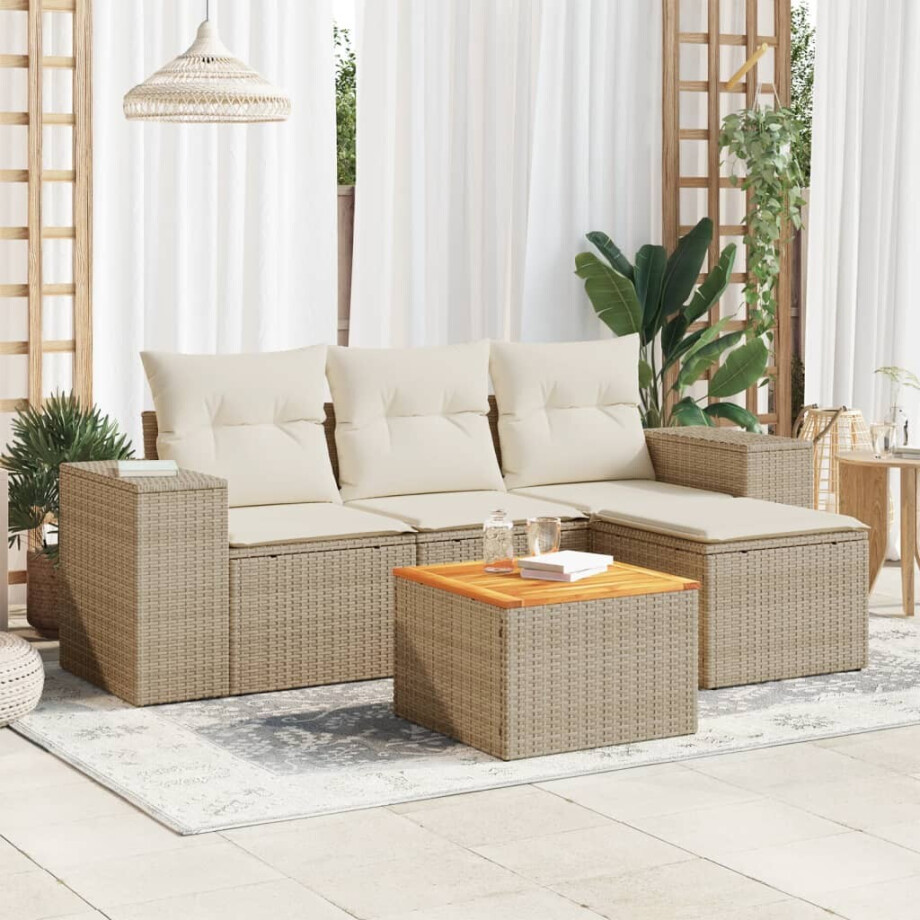vidaXL 5-delige Loungeset met kussens poly rattan beige vidaXL 5-delige Loungeset met kussens poly rattan beige afbeelding 1