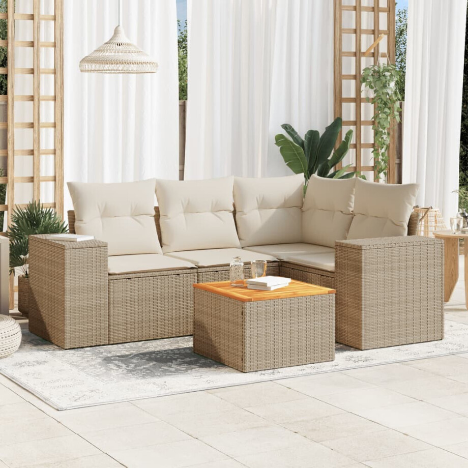 vidaXL 5-delige Loungeset met kussens poly rattan beige afbeelding 1