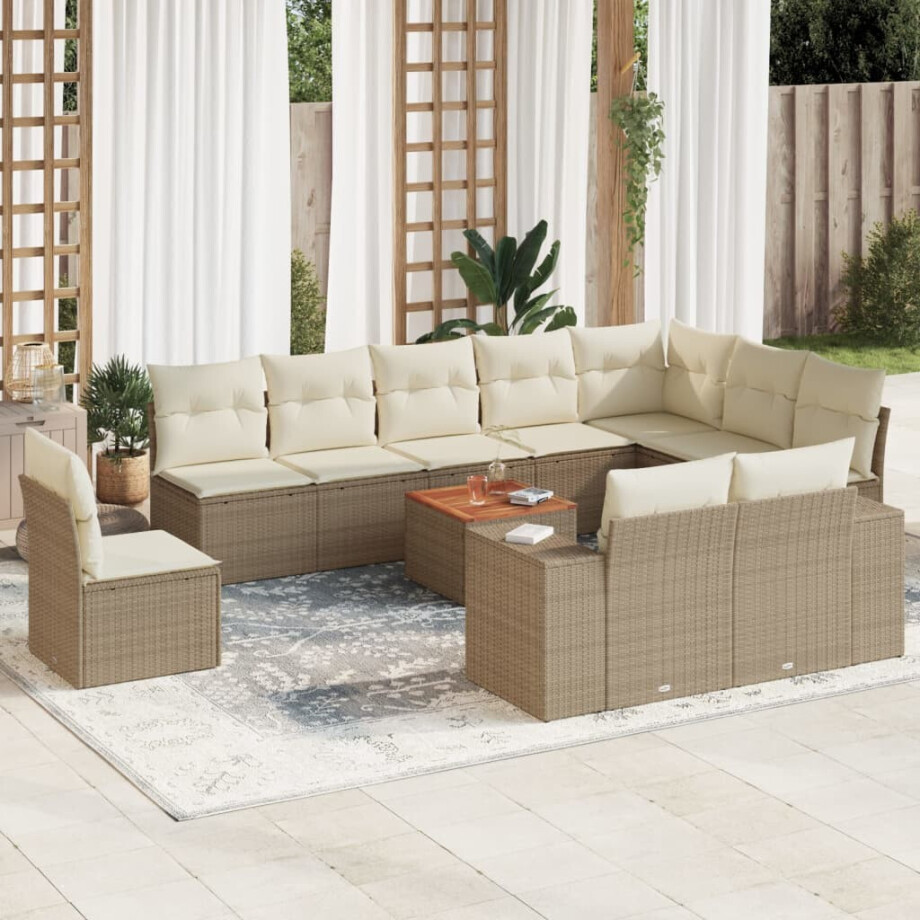 vidaXL 11-delige Tuinset met kussens poly rattan beige afbeelding 1