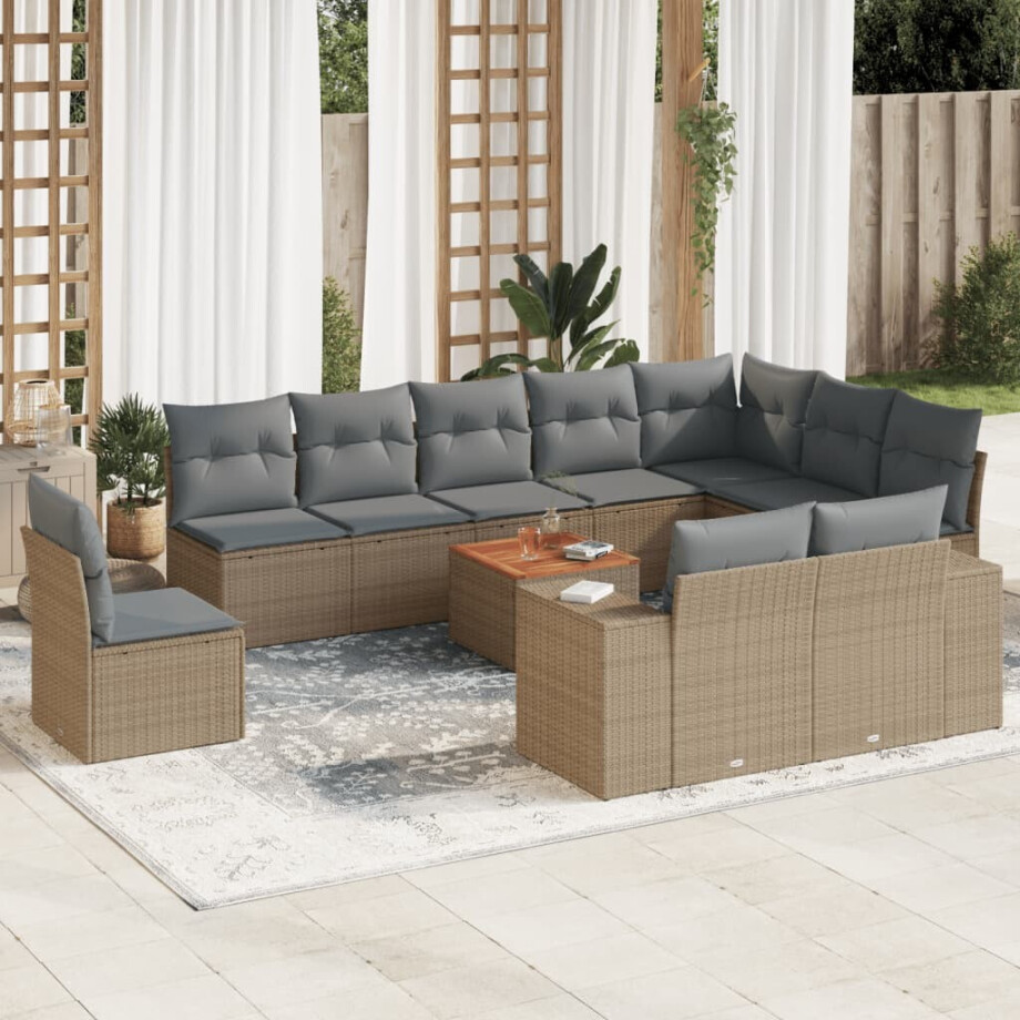 vidaXL 11-delige Tuinset met kussens poly rattan beige afbeelding 1