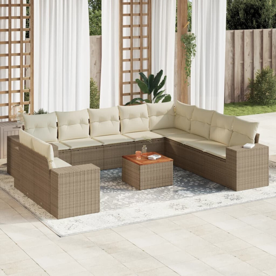 vidaXL 11-delige Tuinset met kussens poly rattan beige afbeelding 1