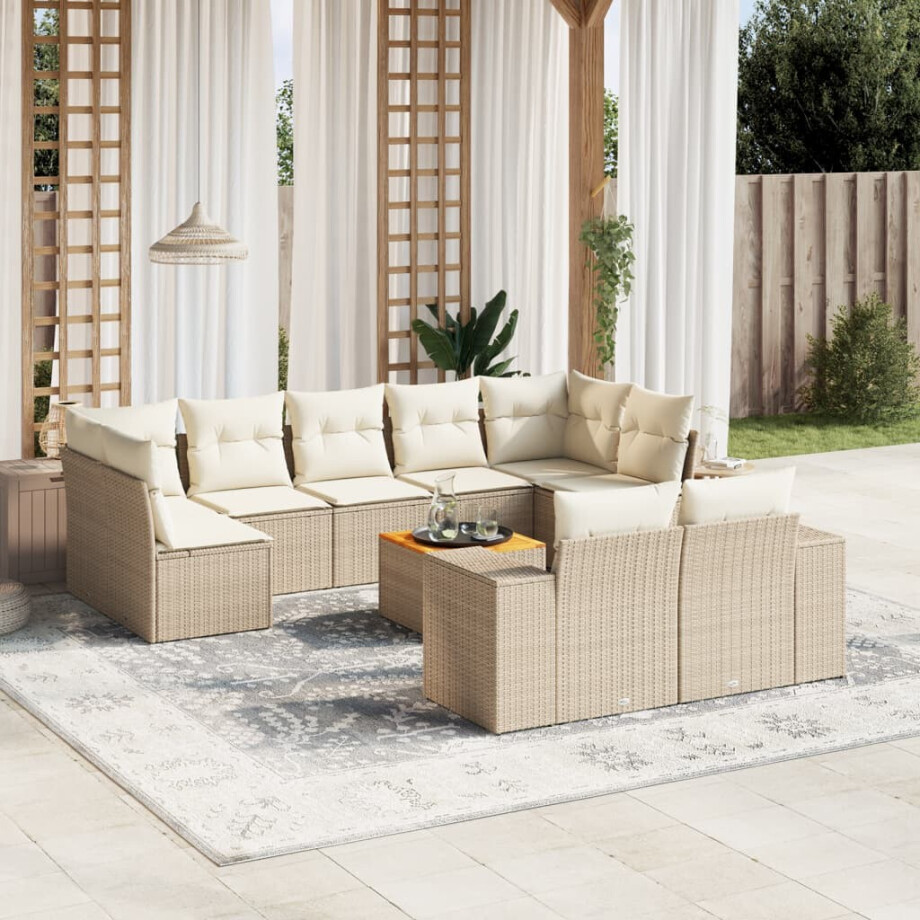 vidaXL 10-delige Loungeset met kussens poly rattan beige afbeelding 1
