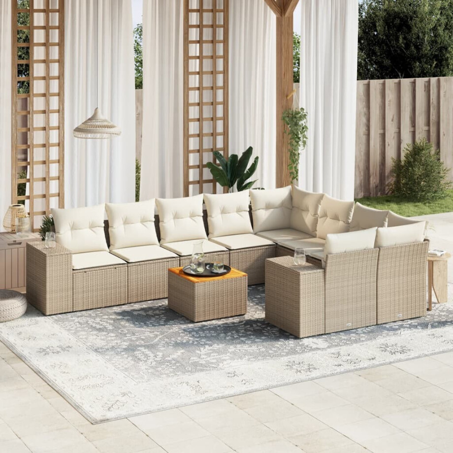 vidaXL 10-delige Loungeset met kussens poly rattan beige afbeelding 1