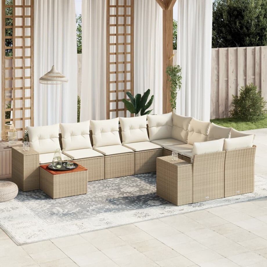 vidaXL 10-delige Loungeset met kussens poly rattan beige afbeelding 1