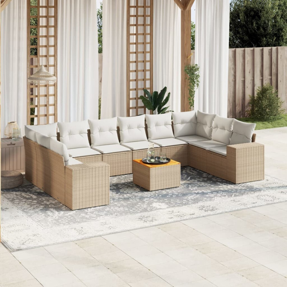 vidaXL 11-delige Tuinset met kussens poly rattan beige afbeelding 1