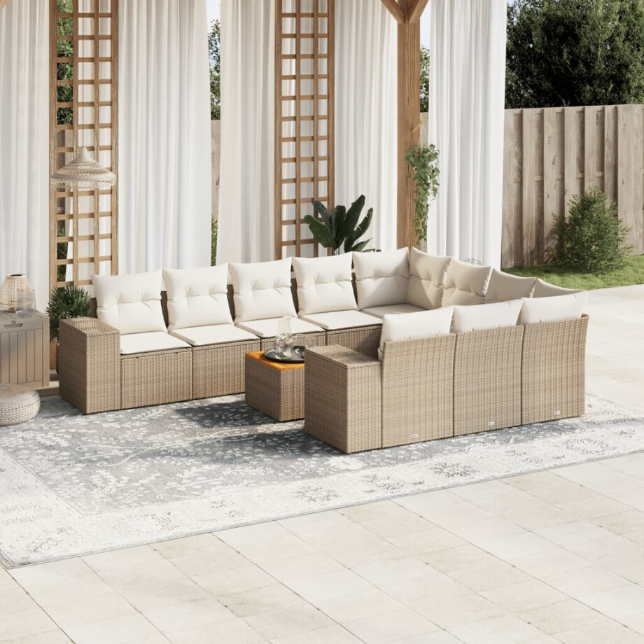 vidaXL 11-delige Tuinset met kussens poly rattan beige afbeelding 1