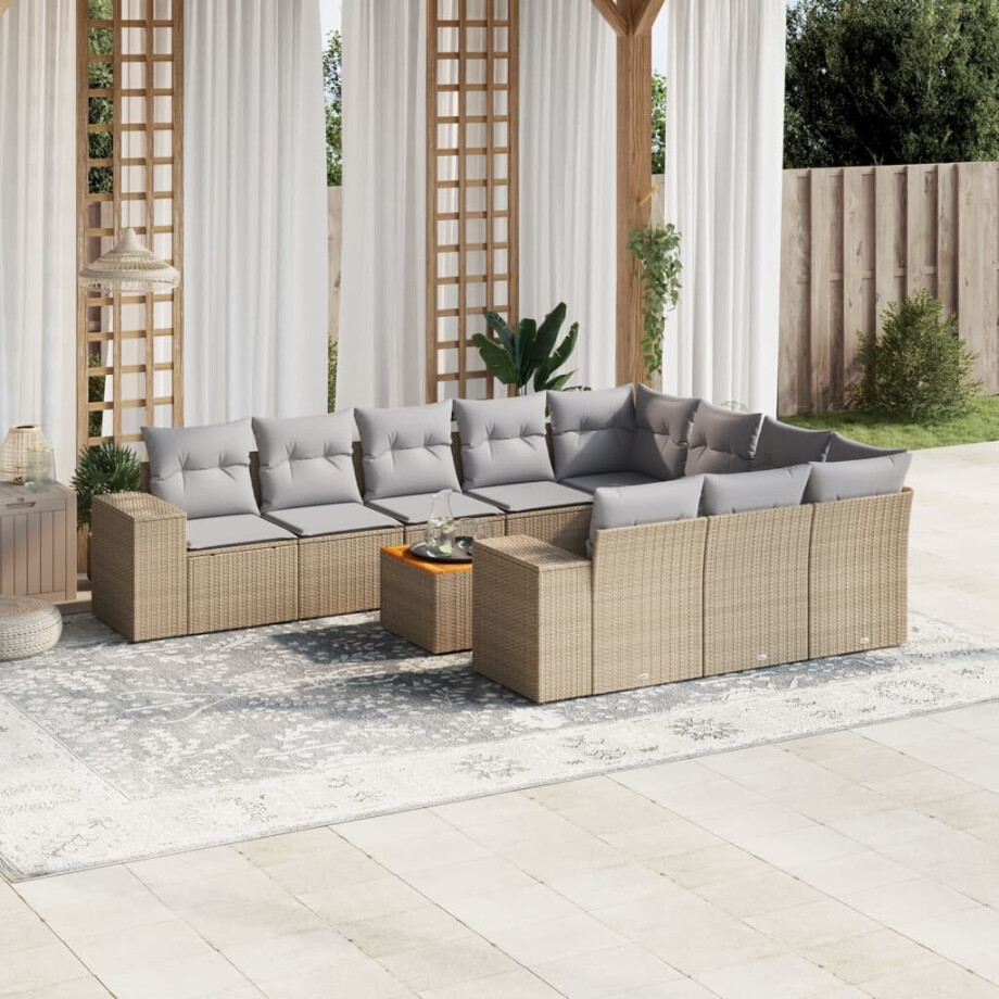 vidaXL 11-delige Tuinset met kussens poly rattan beige afbeelding 1