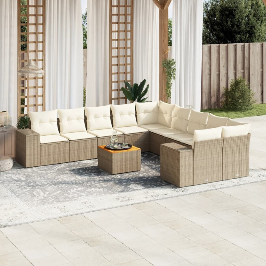 vidaXL 11-delige Tuinset met kussens poly rattan beige afbeelding 1