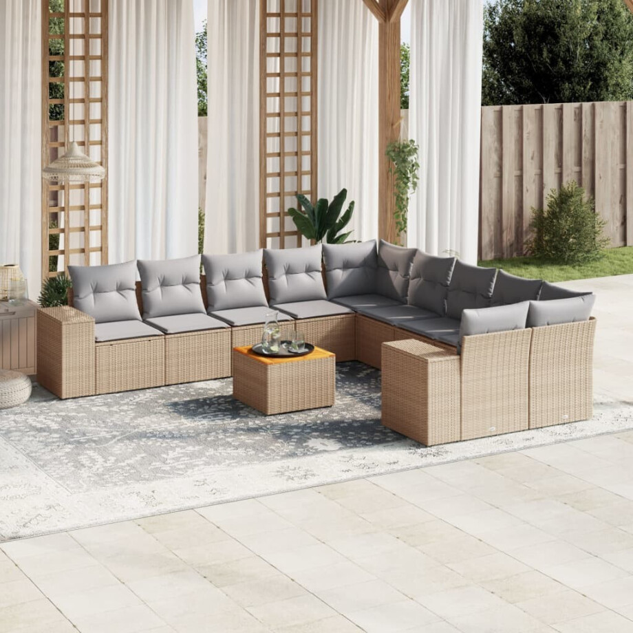 vidaXL 11-delige Tuinset met kussens poly rattan beige afbeelding 1