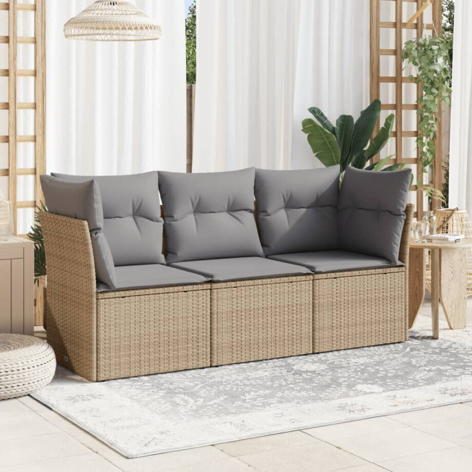 vidaXL 3-delige Loungeset met kussens poly rattan beige vidaXL 3-delige Loungeset met kussens poly rattan beige afbeelding 1