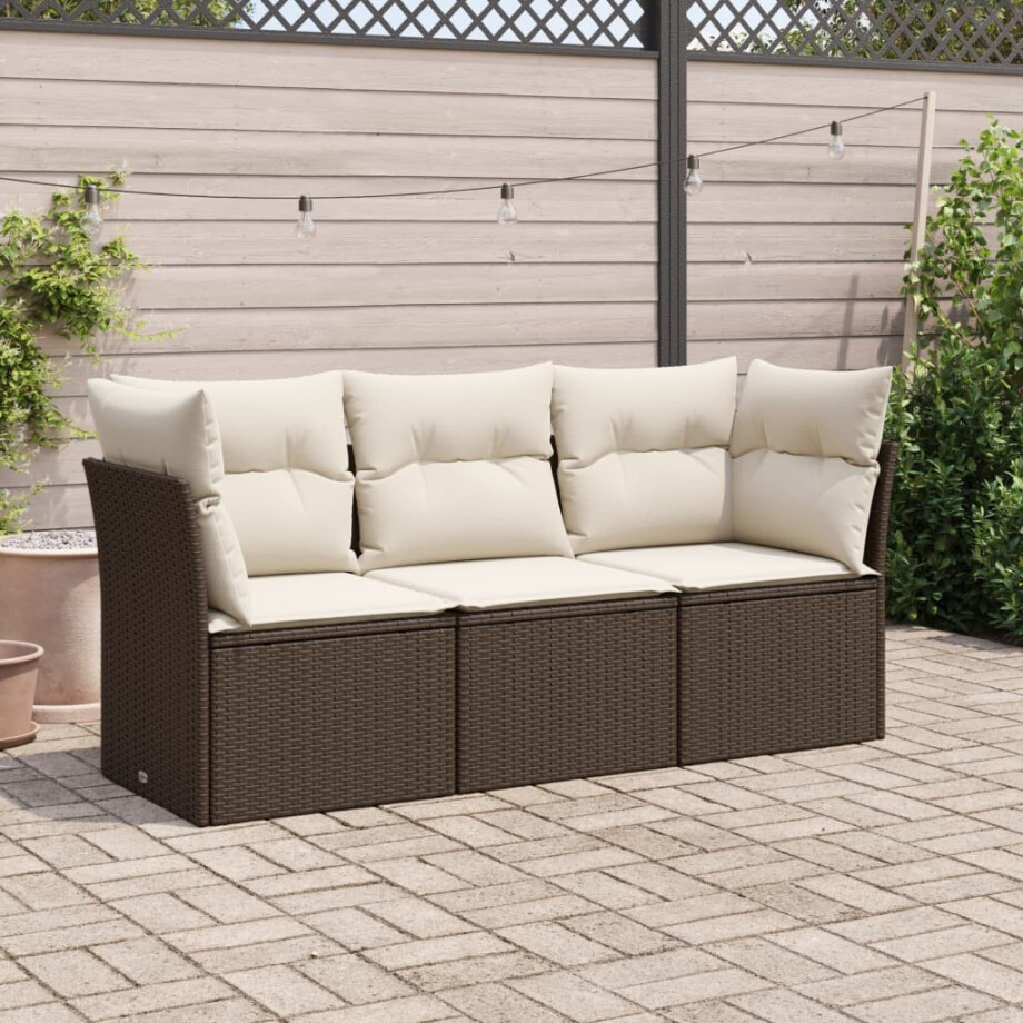 vidaXL 3-delige Loungeset met kussens poly rattan bruin afbeelding 1