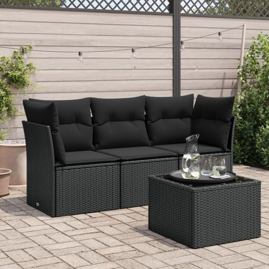 vidaXL 4-delige Loungeset met kussens poly rattan zwart afbeelding 1