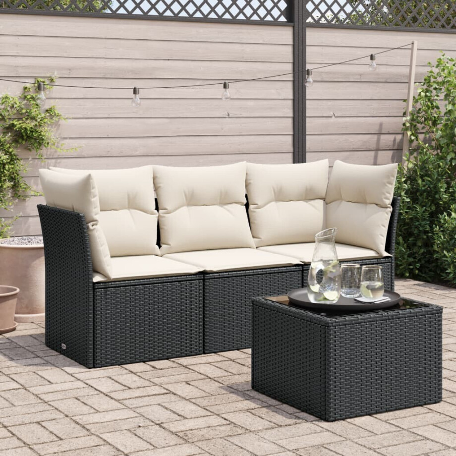 vidaXL 4-delige Loungeset met kussens poly rattan zwart afbeelding 1