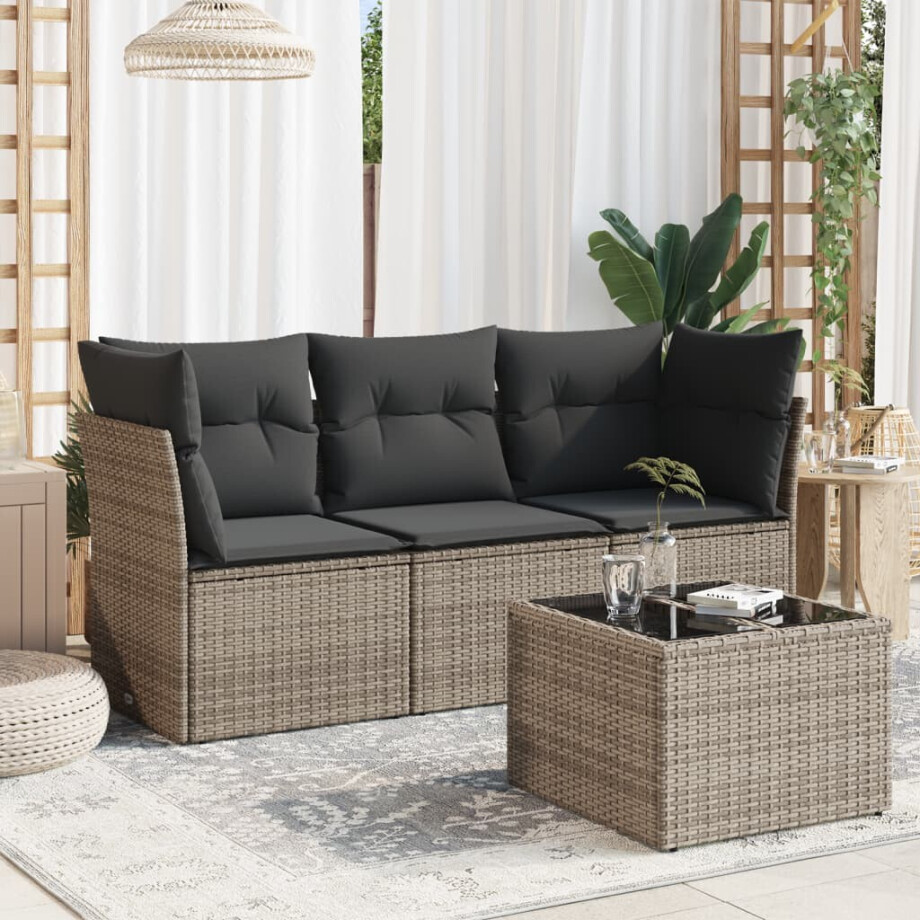 vidaXL 4-delige Loungeset met kussens poly rattan grijs vidaXL 4-delige Loungeset met kussens poly rattan grijs afbeelding 1