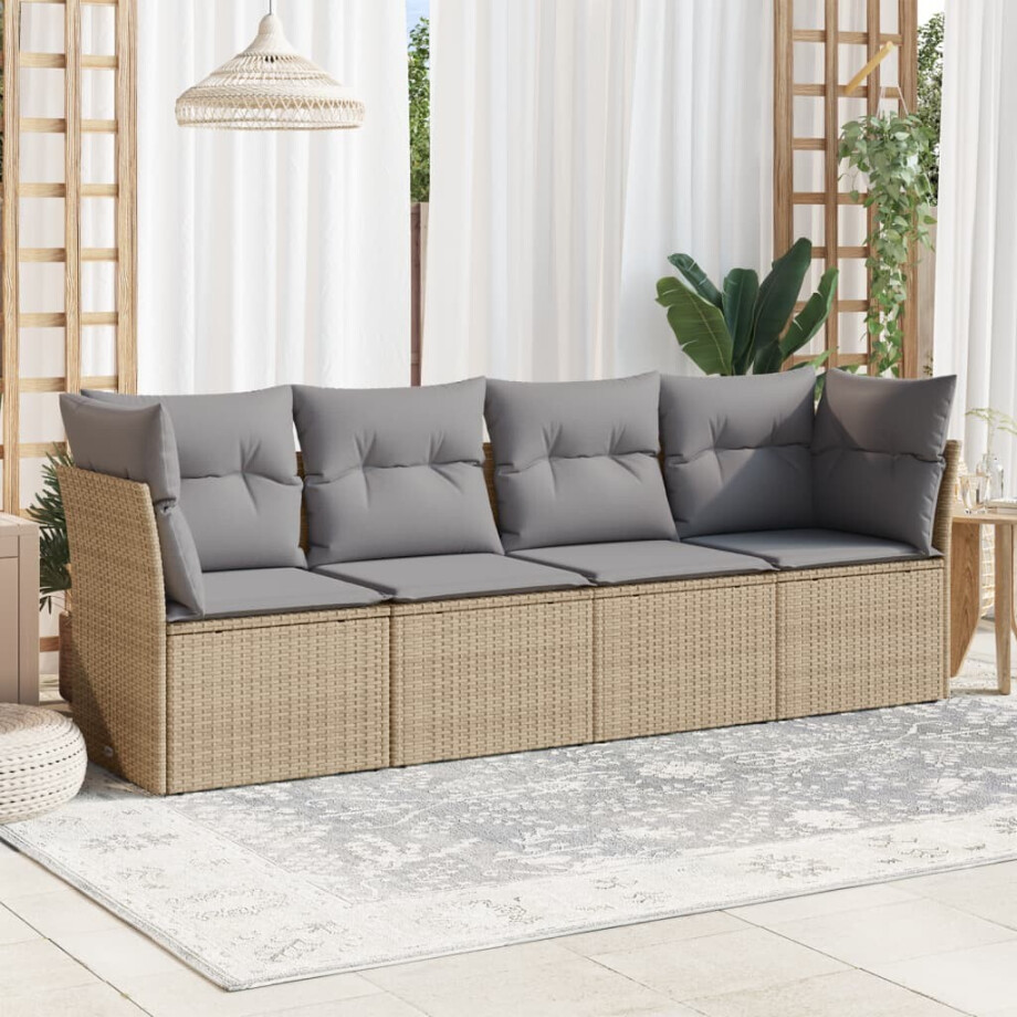 vidaXL 4-delige Loungeset met kussens poly rattan beige afbeelding 1