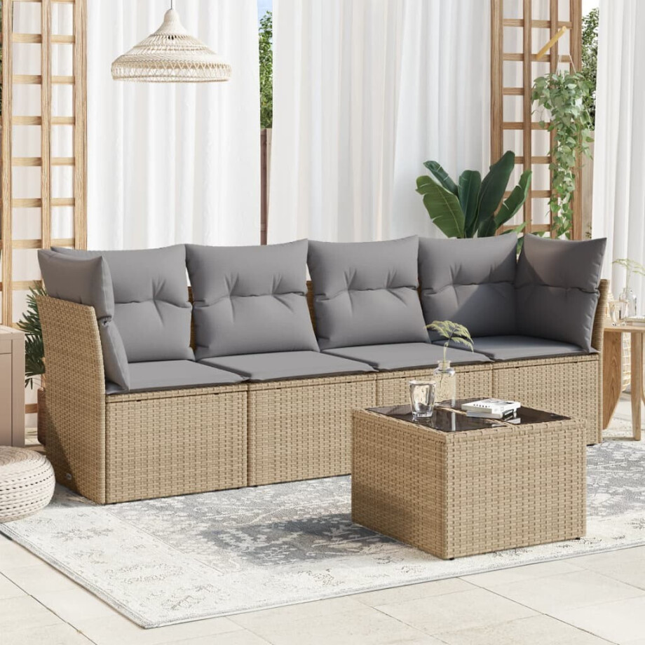 vidaXL 5-delige Loungeset met kussens poly rattan beige vidaXL 5-delige Loungeset met kussens poly rattan beige afbeelding 1