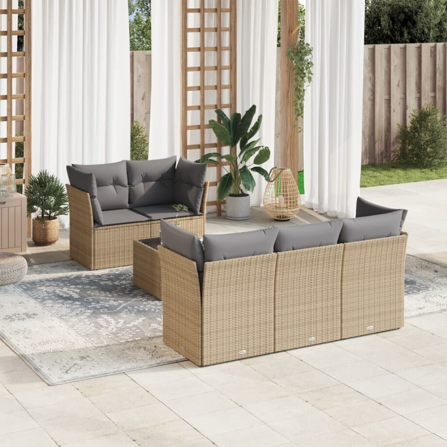 vidaXL 6-delige Loungeset met kussens poly rattan beige vidaXL 6-delige Loungeset met kussens poly rattan beige afbeelding 1