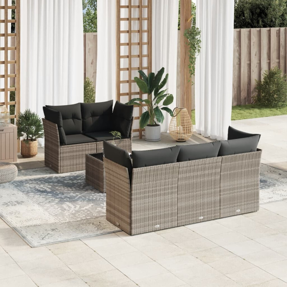vidaXL 6-delige Loungeset met kussens poly rattan lichtgrijs afbeelding 1