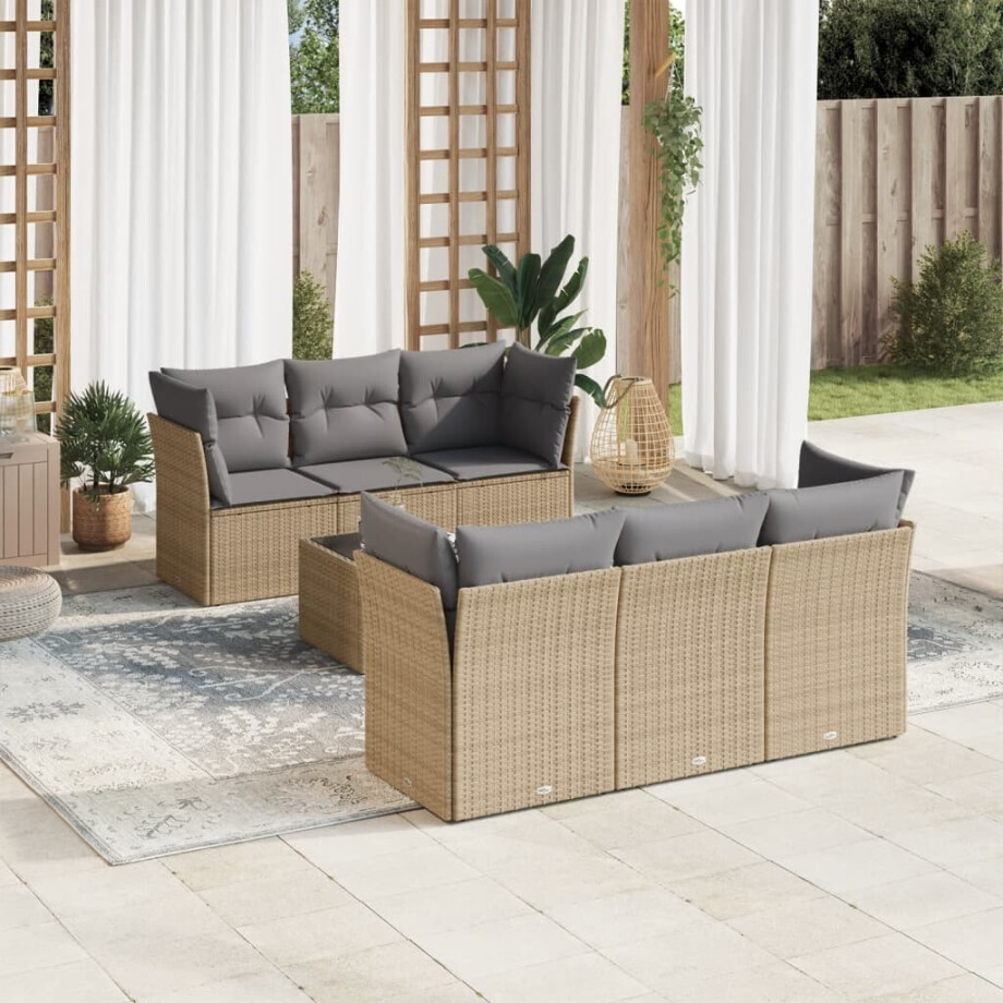 vidaXL 7-delige Loungeset met kussens poly rattan beige afbeelding 1