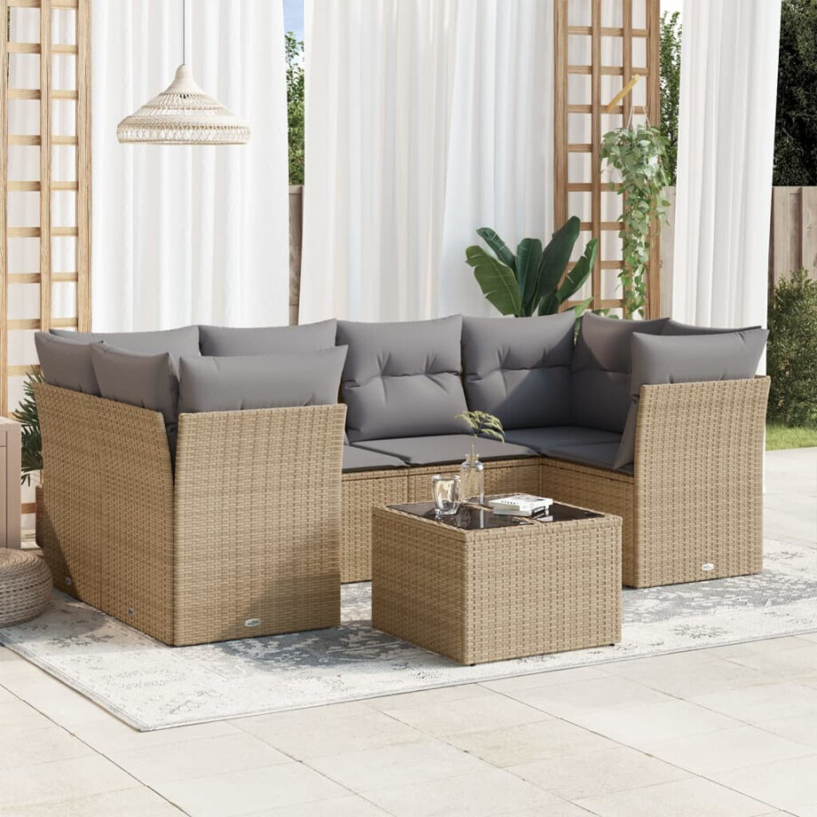 vidaXL 7-delige Loungeset met kussens poly rattan beige afbeelding 1