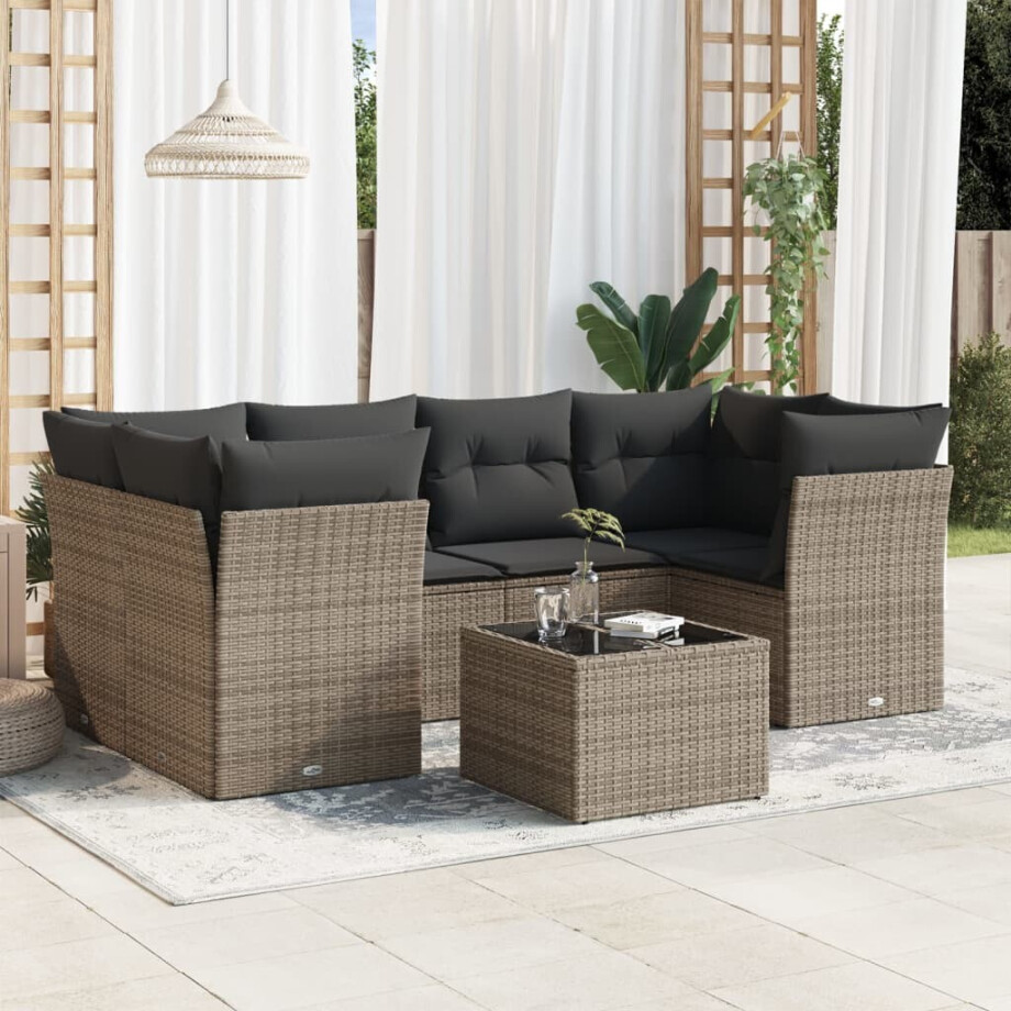 vidaXL 7-delige Loungeset met kussens poly rattan grijs vidaXL 7-delige Loungeset met kussens poly rattan grijs afbeelding 1