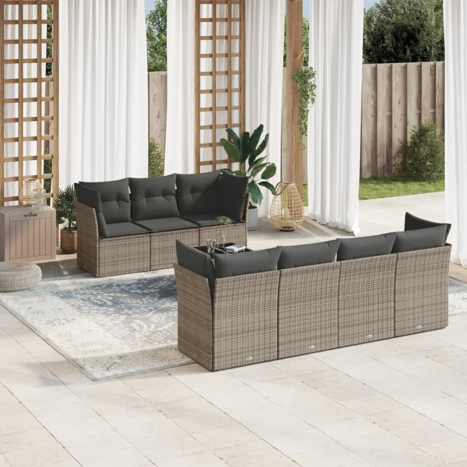 vidaXL 8-delige Loungeset met kussens poly rattan grijs vidaXL 8-delige Loungeset met kussens poly rattan grijs afbeelding 1
