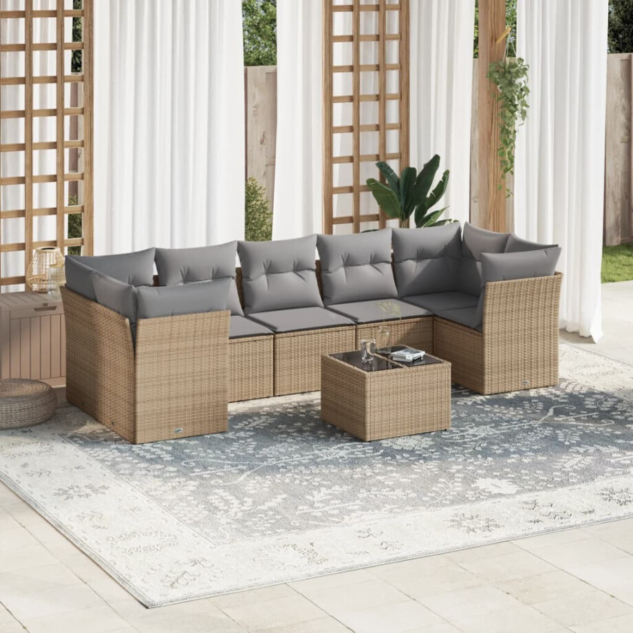 vidaXL 8-delige Loungeset met kussens poly rattan beige vidaXL 8-delige Loungeset met kussens poly rattan beige afbeelding 1