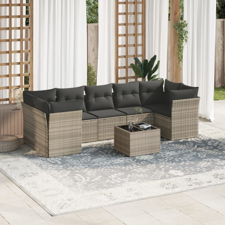 vidaXL 8-delige Loungeset met kussens poly rattan lichtgrijs vidaXL 8-delige Loungeset met kussens poly rattan lichtgrijs afbeelding 1