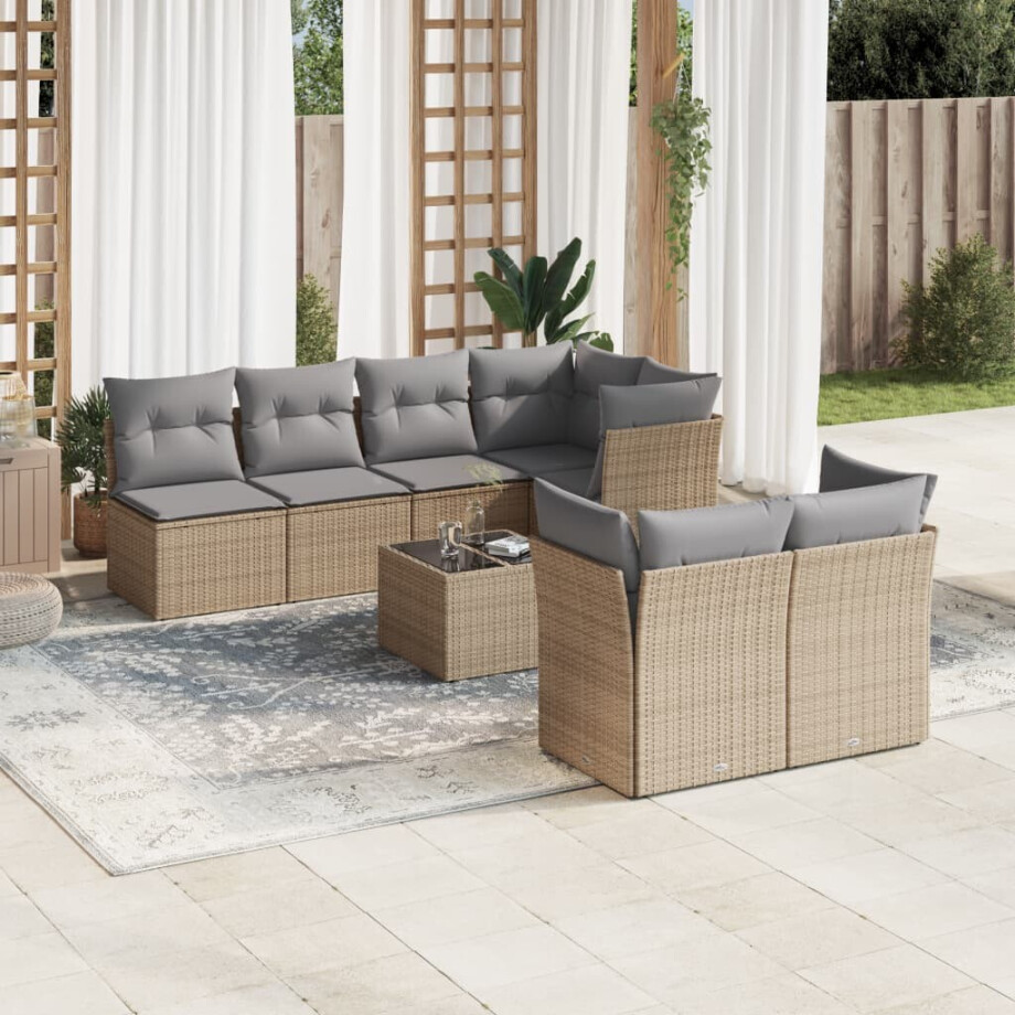 vidaXL 8-delige Loungeset met kussens poly rattan beige afbeelding 1