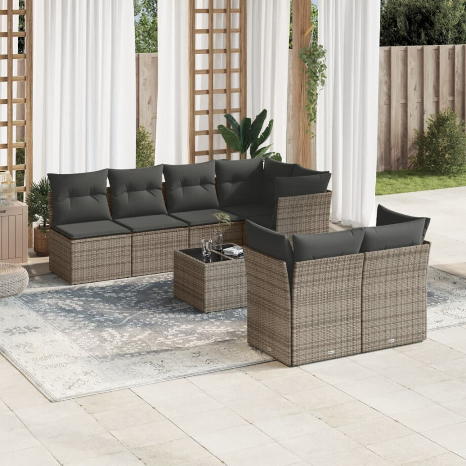 vidaXL 8-delige Loungeset met kussens poly rattan grijs vidaXL 8-delige Loungeset met kussens poly rattan grijs afbeelding 1