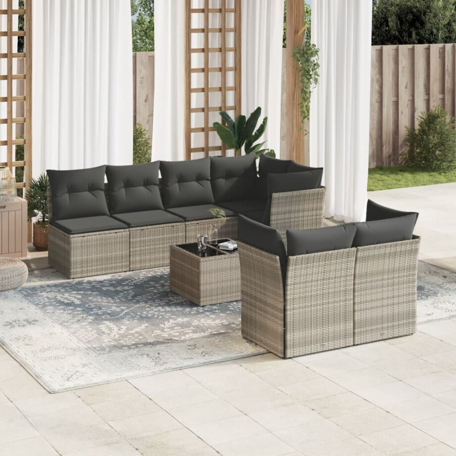 vidaXL 8-delige Loungeset met kussens poly rattan lichtgrijs vidaXL 8-delige Loungeset met kussens poly rattan lichtgrijs afbeelding 1