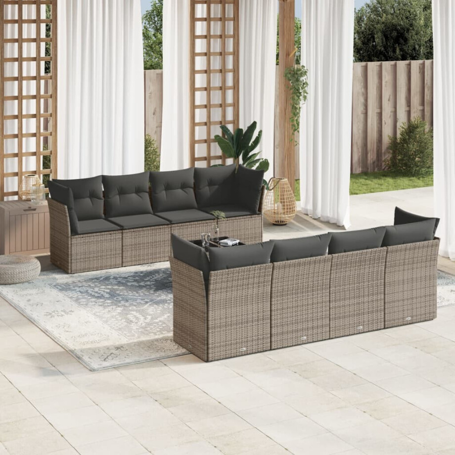 vidaXL 9-delige Loungeset met kussens poly rattan grijs afbeelding 1