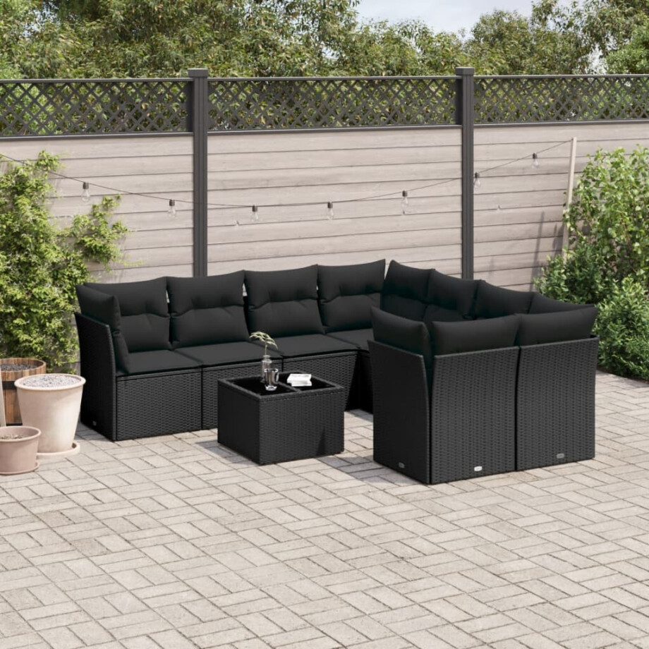vidaXL 9-delige Loungeset met kussens poly rattan zwart vidaXL 9-delige Loungeset met kussens poly rattan zwart afbeelding 1