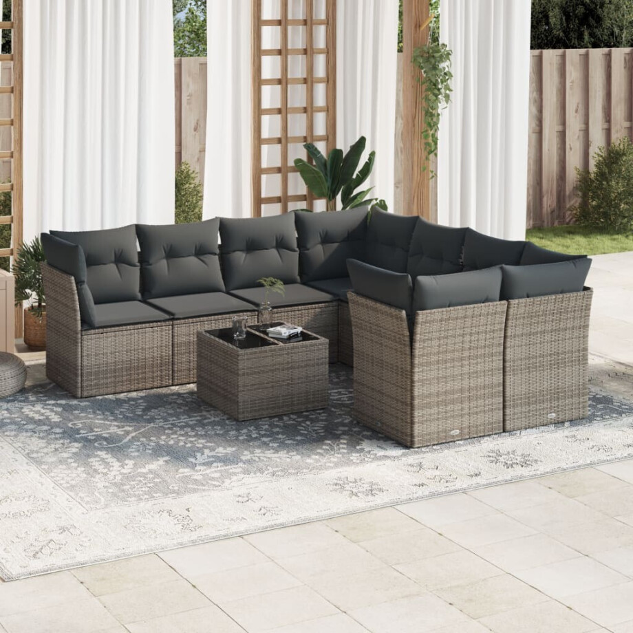 vidaXL 9-delige Loungeset met kussens poly rattan grijs vidaXL 9-delige Loungeset met kussens poly rattan grijs afbeelding 1