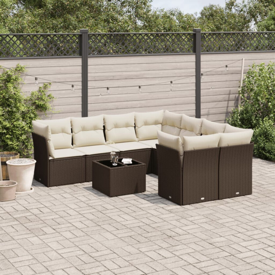 vidaXL 9-delige Loungeset met kussens poly rattan bruin afbeelding 1