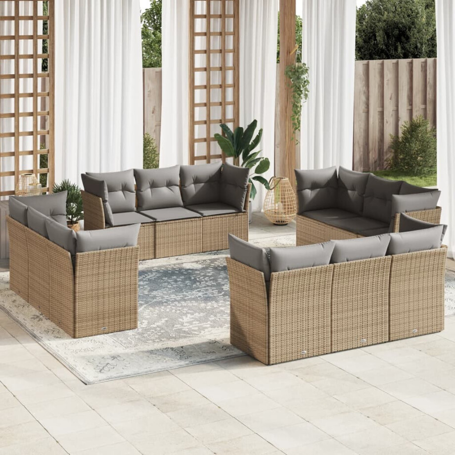 vidaXL 12-delige Loungeset met kussens poly rattan beige afbeelding 1