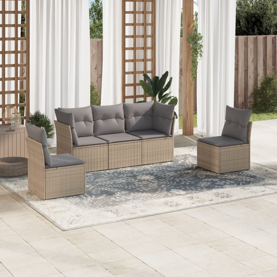 vidaXL 5-delige Loungeset met kussens poly rattan beige vidaXL 5-delige Loungeset met kussens poly rattan beige afbeelding 1