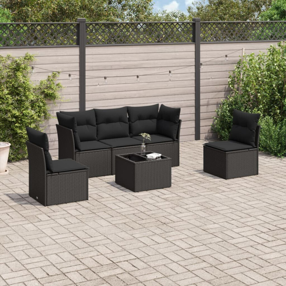 vidaXL 6-delige Loungeset met kussens poly rattan zwart afbeelding 1