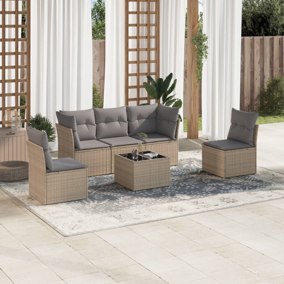 vidaXL 6-delige Loungeset met kussens poly rattan beige afbeelding 1