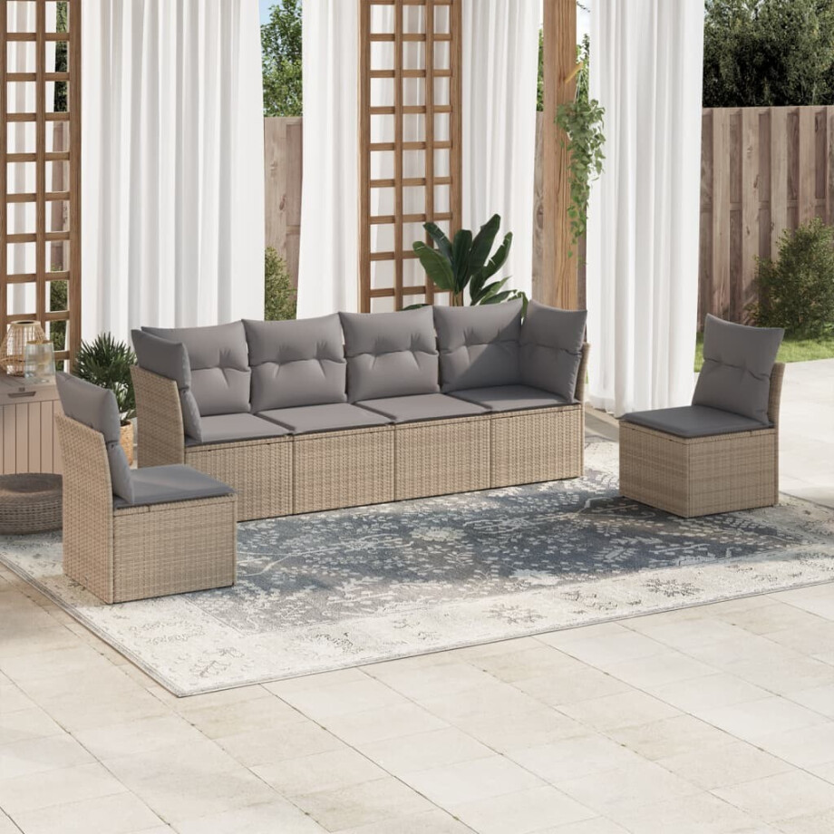 vidaXL 6-delige Loungeset met kussens poly rattan beige afbeelding 1