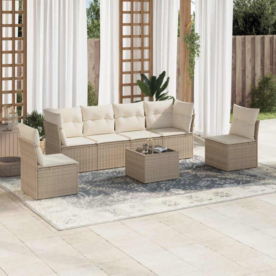 vidaXL 7-delige Loungeset met kussens poly rattan beige afbeelding 1