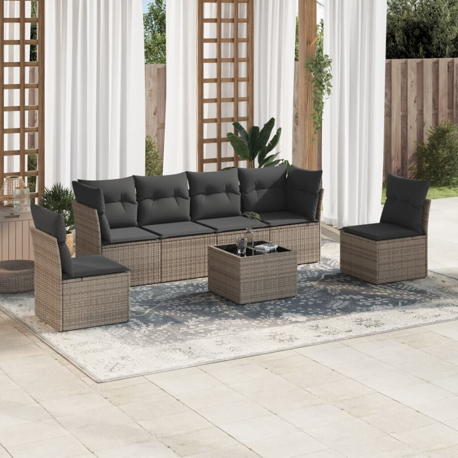 vidaXL 7-delige Loungeset met kussens poly rattan grijs afbeelding 1