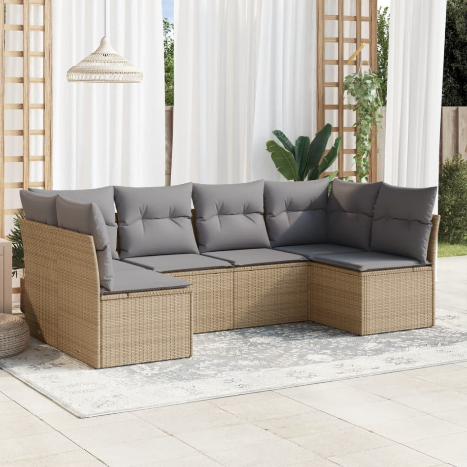 vidaXL 6-delige Loungeset met kussens poly rattan beige afbeelding 1